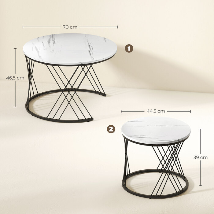 HOMCOM Set of 2 Round Coffee Tables with Marble Look - White