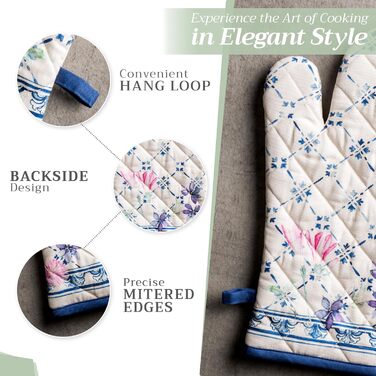 Maison d' Hermine Faience Oven Mitt + Pot Holders, 100% Cotton, Heat Resistant, Kitchen Oven Mitt (19.1 x 33 cm) and Pot Holders (20.3 x 20.3 cm) for Cooking, Grilling, Spring/Summer