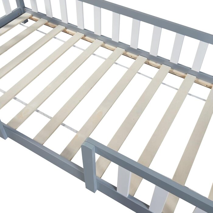 en.casa Kinderbett Sisimiut House Bed 90 x 200 cm with Fall Protection Wooden Bed for Children Floor Bed Slatted Frame Pine Wood Light Grey/White Light Grey / White 90x200 cm