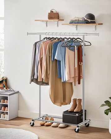 SONGMICS Clothes Rack on Wheels, Heavy-Duty Garment Rack, Extendable Clothes Rod, Load Capacity up to 100 kg, Easy Assembly, Portable, Silver HSR13S