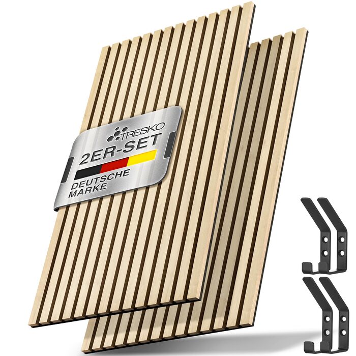 Акустичні панелі TRESKO з дерева 120×60x2,1 см, світлий дуб (2 шт.) — 3D ламельна стіна для шумоізоляції з вішаками для одягу