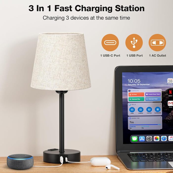 Настільна лампа Kakanuo з торшером, 2 шт., з USB-портом, диммуванням, LED, для спальні, вітальні, дитячої кімнати, офісу, бежевий лінолеум