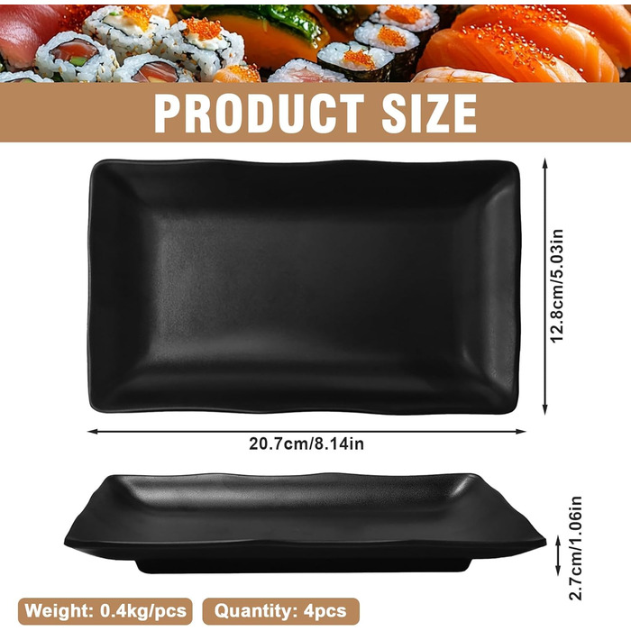 Teller Teller Rechteckig: чорний порцеляновий сервіровочний тарілка для закусок, десертів, суші, тортів, салатів, фруктів, антипасті та гарнірів (W5408-4)