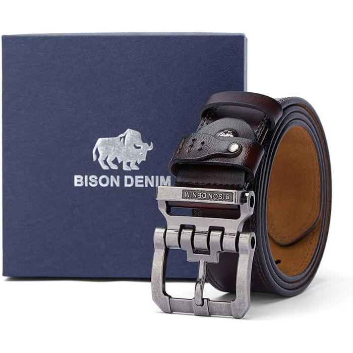 Чоловічий шкіряний ремінь BISON DENIM класичний коричневий, міцна срібляста пряжка, довжина 135 см (для талії 114-120 см)