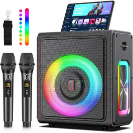 Караоке машина HWWR з 2 бездротовими мікрофонами, портативна Bluetooth 5.3 акустика з RGB-підсвіткою, PA-система для вечірок, Partybox, TWS, чорний