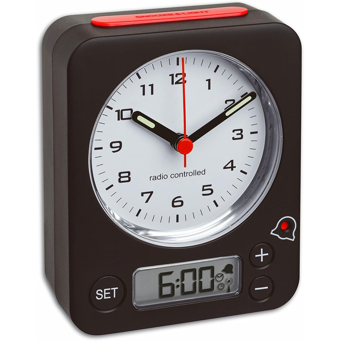 TFA Dostmann Combo Radio Clock, Analog Time and Digital Alarm, Radio Clock with High Precision, Quiet, All-Round Lighting, Black, Black-Red, L 90 x W 40 x H 115 mm