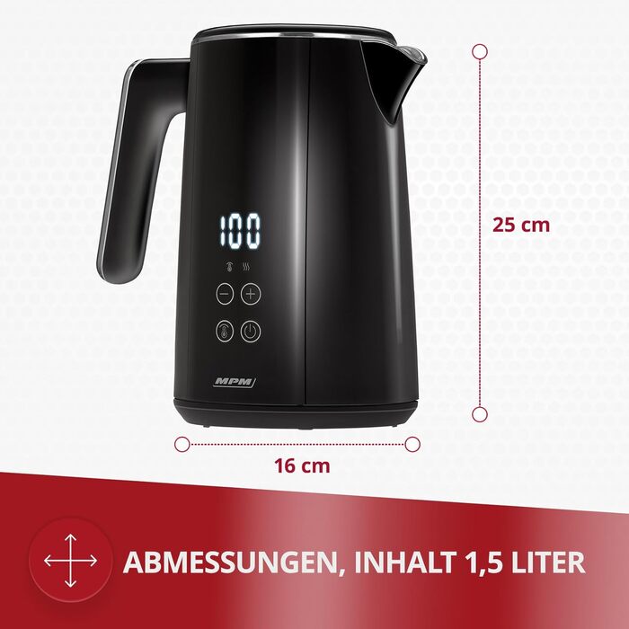 Електричний чайник MPM MCZ-120, 1.5L, з подвійними стінками, регулювання температури 40–100°C, нержавіюча сталь, 2200W, тихий, швидкий, сенсорне управління, легкий, елегантний, білий (чорний)