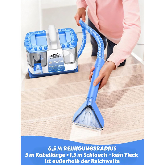 Портативний мийник для м'яких меблів, 600W, 16Kpa, 500мл розчин, 5 насадок. Для диванів, килимів, авто, сходи. Легкий, компактний, блакитний.