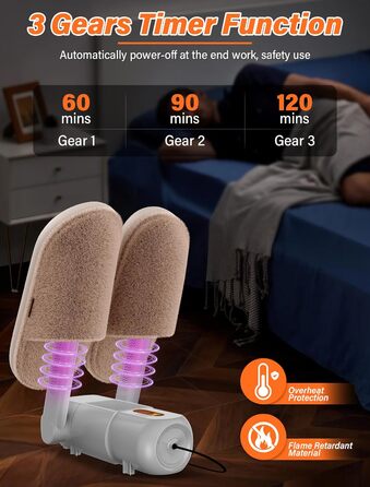 Електричний сушильник для взуття та черевиків з таймером 120 хв, UV-підсвічуванням, чорний