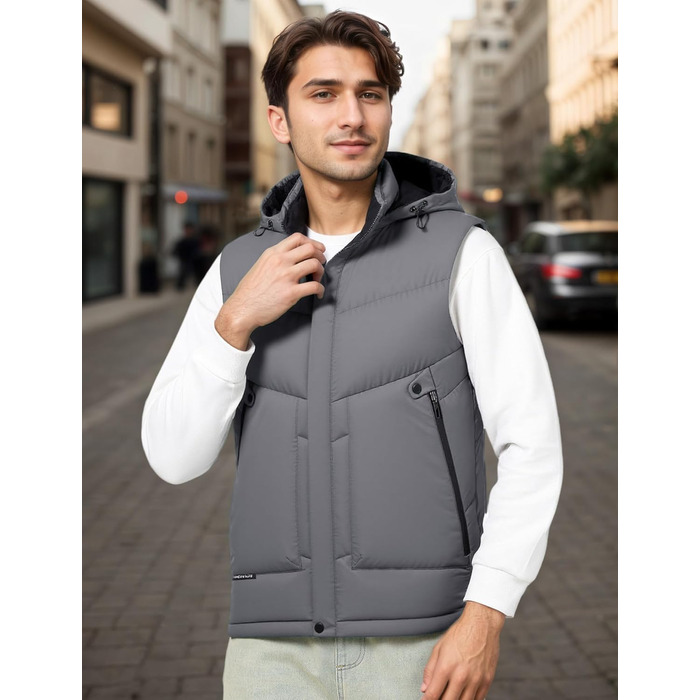Чоловіча зимова жилетка AIEOE з PU-матеріалу, без рукавів, Outdoor-куртка з капюшоном, термо-стеганий жилет, тепла, з утеплювачем, водонепроникна (L, сірий)