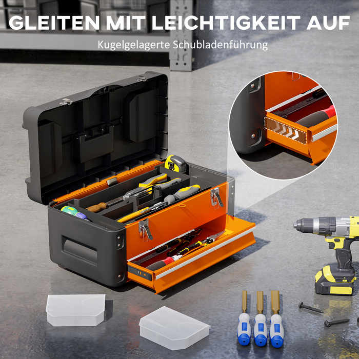 HOMCOM Empty Tool Box, 49.7 x 25.3 x 23 cm Tool Chest with Drawer, Mini-Box, Top Storage Compartment, Handle, Steel Tool Case, Orange | Aosom
