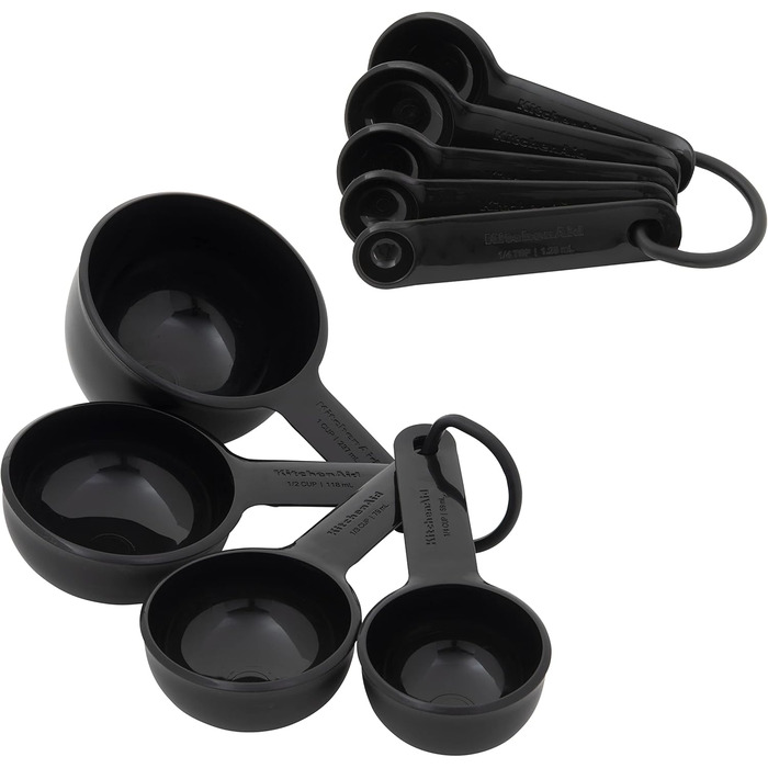 KitchenAid Universal Measuring Cup and Spoon Set, 1/4, 1/2, 1/3 and 1 cup sizes and 1 tablespoon, 1/2 tablespoon, 1 teaspoon, 1/2 teaspoon, and 1/4 teaspoon, dishwasher safe, 9 pieces, black