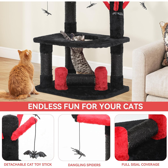 Кігтеточка YITAHOME Готичний XL, 160 см, з 4 колонами з сизалю, 1 дощечкою для шліфування, гамаком, 2 кулями-іграшками, платформами для сну, чорна