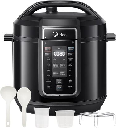 Електричний мультиварка-скороварка Midea 9-в-1, 8 л, 12 програм, антипригарний йогуртниця, рисоварка, повільне приготування, пароварка, нержавіюча сталь, чорна