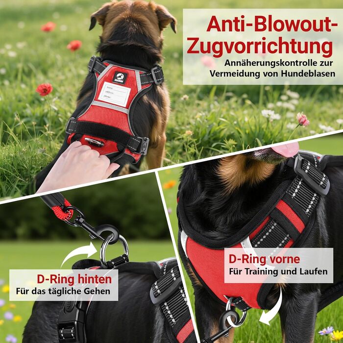 Нашийник для собак великих порід з ручкою, без обмеження грудної клітини, дихаючий, безпечний, світловідбиваючий, без поліуретану, для тренувань та активного відпочинку, Sti 2 Bau (L, червоний)