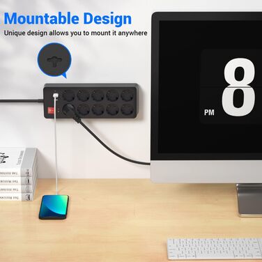 Мережевий фільтр 8 розеток з USB C, захист від перенапруги, адаптер з 2*USB A та 2*USB C, мережевий перехідник з подвійним вимикачем, кабель 1.5м чорний