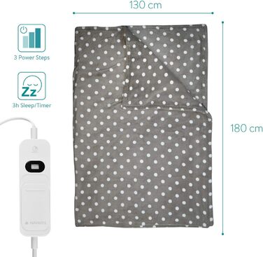 Електрична ковдра Navaris XXL 180x130 см з 3 рівнями нагріву, автовимкненням та можливістю прання. Тепла та м'яка ковдра з точками, темно-сірого кольору.