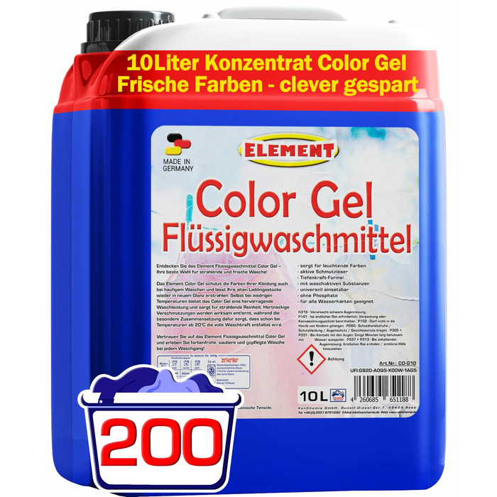 Рідкий пральний засіб Element Color Gel для кольорових речей, Aktive Frische, 10 л (200 прань)