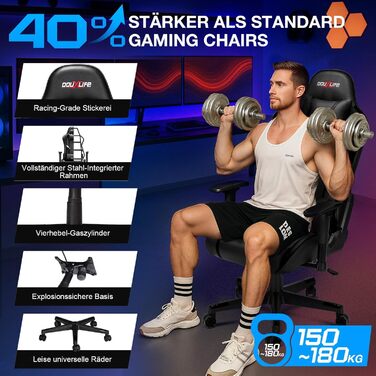 Ігровий крісло Douxlife з 7-точковим масажем, підставкою для ніг, ергономічний офісний крісло, регульована спинка 90-175°, регульовані 2D підлокітники, крісло для ПК Gamer, максимальне навантаження 150-180 кг, глибокий чорний колір