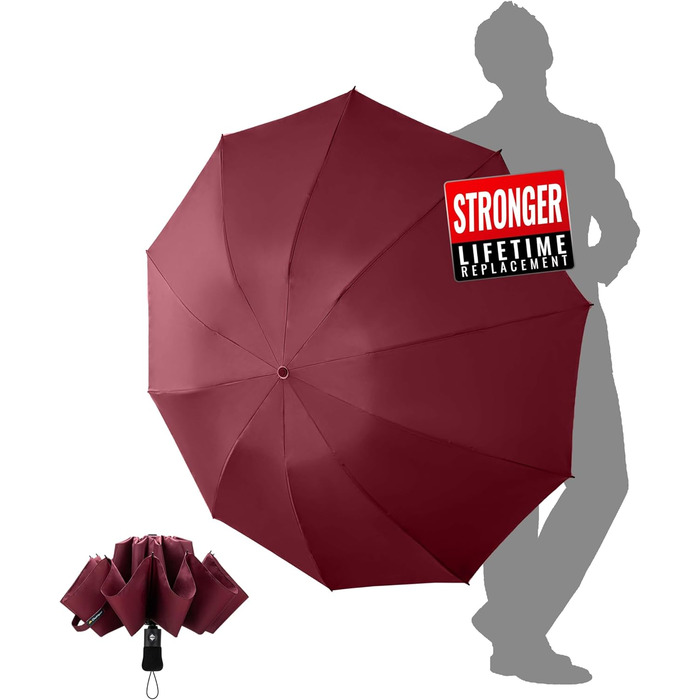 Чакіпі Чомптер: Стійкий до вітру парасолька-тростина для чоловіків та жінок, автоматичний складний парасоль, 10 ребер, червоний