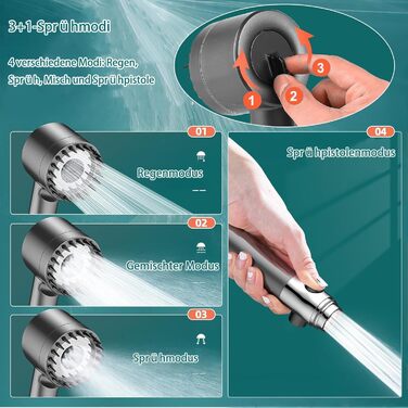 Фільтр для душу з високим тиском, ручна лійка з шлангом, 4 режими, економія води, фільтрація, стоп-функція, для жорсткої води, видаляє хлор та бактерії (Сучасний, Антрацит)