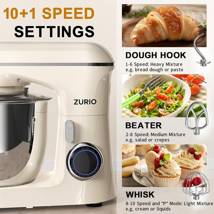 Stand Mixer, 1300W Zurio 5.5L Stand Mixer, 10-Speed Planetary Mixer, Robot Mixer with Quiet Dough Rising Function, Cream