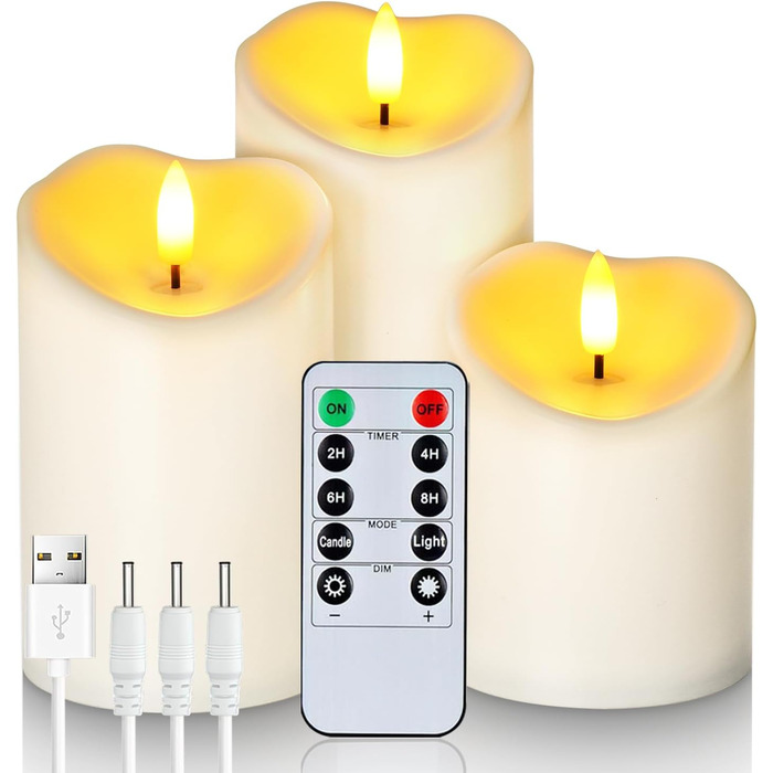 Homemory Rechargeable Flameless Candles, LED Candles, Battery-Powered Candles with Remote Control and Timer, Waterproof, Durable, 3-Pack