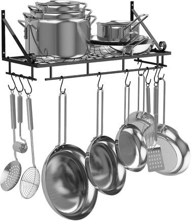 K-1121 60 CM Black Large Kitchen Shelf, Wall Shelf for Pots, Pans, and Utensils, Hanging Shelf with 10 Hooks