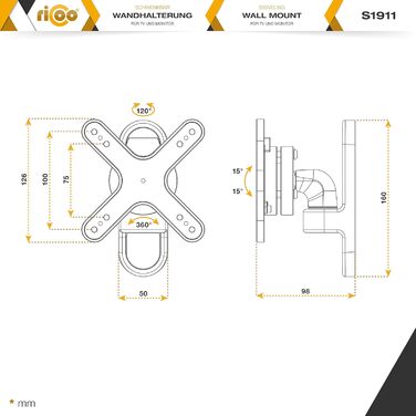 Кріплення для монітора RICOO S1711 - настінна підставка для монітора 13-34 дюймів, поворотна, нахилена, VESA 75/100 мм, до 15 кг, срібна