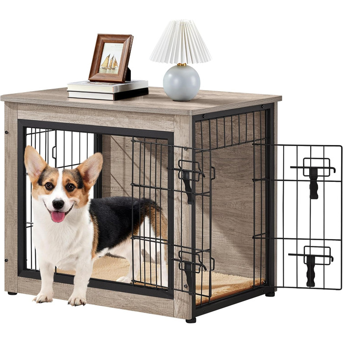 Yaheetech Modern Dog Crate Furniture with Blanket & 2 Doors - Indoor Wooden Dog House for Living Room - Grey, 69x51x61 cm