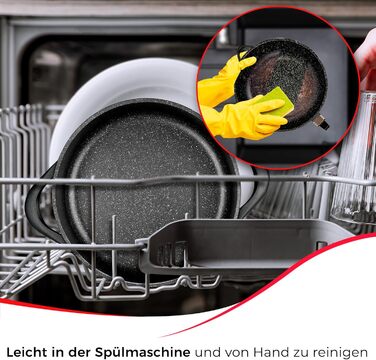 Набір посуду Induktion BRIEBЕ 12-ти частинний: 4 казани з алюмінію, 2 сковорідки з антипригарним покриттям ILAG GRANITEC (без PFOA), кришки зі скла, рукавички з силікону. Підходить для індукційних, газових плит та духовки.