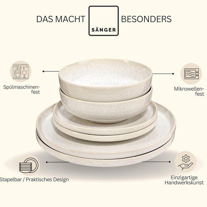 Набір посуду SÄNGER Korfu 16 предметів: сервіз на 4 особи з каменю, ручної роботи. Включає: тарілки, десертні тарілки, глибокі тарілки, чашки. Колір: кремовий з пісочною текстурою.