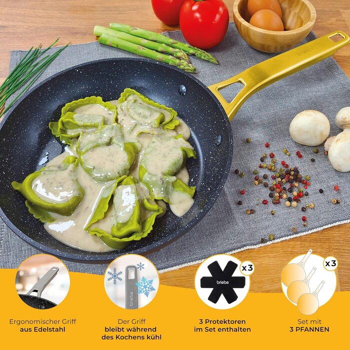 Набір сковорідок Briebe Gold Titanium Set (3 шт.) з титановою поверхнею, антипригарне покриття, для індукційних плит, діаметр 18-20-24 см, коване алюміній, без PFOA, професійні ручки з нержавіючої сталі, сумісний з газовими та склокерамічними плитами