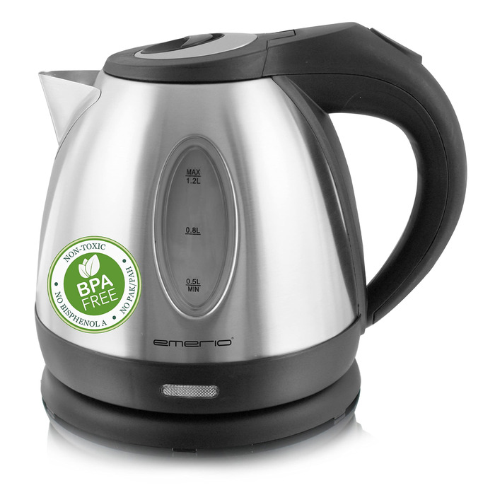 Електричний чайник EMERIO з об'ємом 1.7 л, 2200 Вт, блакитна LED-підсвітка, поворотна база 360°, з боросилікатного скла, без BPA, WK-119988.7 (1,2 нержавіюча сталь)
