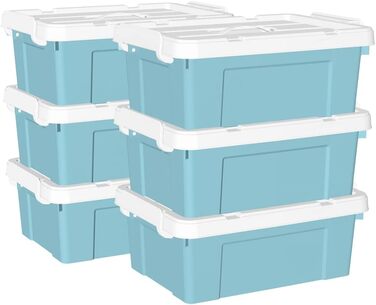 Cetomo 65 l x 6 Plastic Storage Box, Tote Bag, Organizer Container with Robust Lid and Secure Locking Buckles, Stackable, 6 Pieces, Blue with Buckle (20L*6)