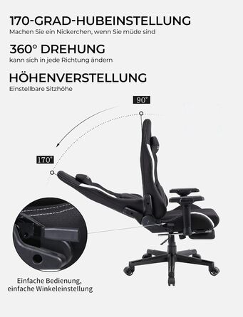 Ігровий крісло Dowinx з тканини - ергономічне крісло для офісу з функцією масажу, підголівником, поперековою подушкою та підставкою для ніг - чорно-біле