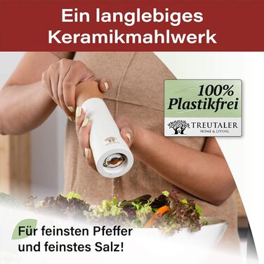 Plastic-Free Salt and Pepper Grinder with Coaster | Spice Grinder Set made of Solid Wood with Stepless Stainless Steel Mechanism and Ceramic Grinder | White & Black