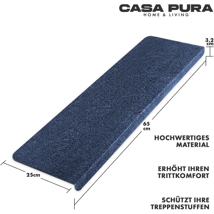 Casa Pura Stair Treads - 15 Piece Non-Slip Carpet Set for Indoor Stairs - Blue, Half-Round Design