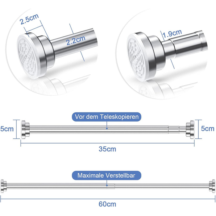 Тeleskopна штанга для душу з нержавіючої сталі 35-60 см, без свердління, для штори