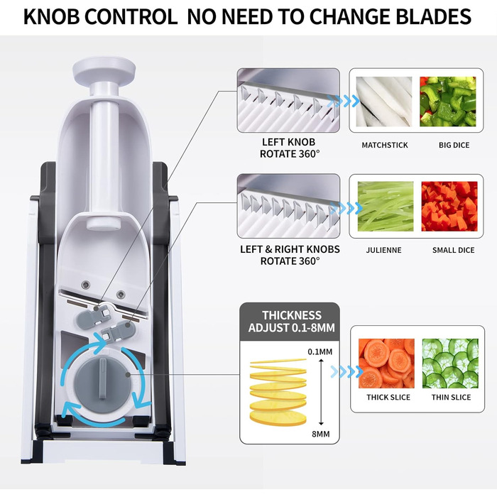 QYKIC Vegetable Slicer, ONCE FOR ALL Adjustable Vegetable Grater Mandoline Vegetable Slicer Potato Slicer Onion Slicer made of Plastic Grey, Stainless Steel
