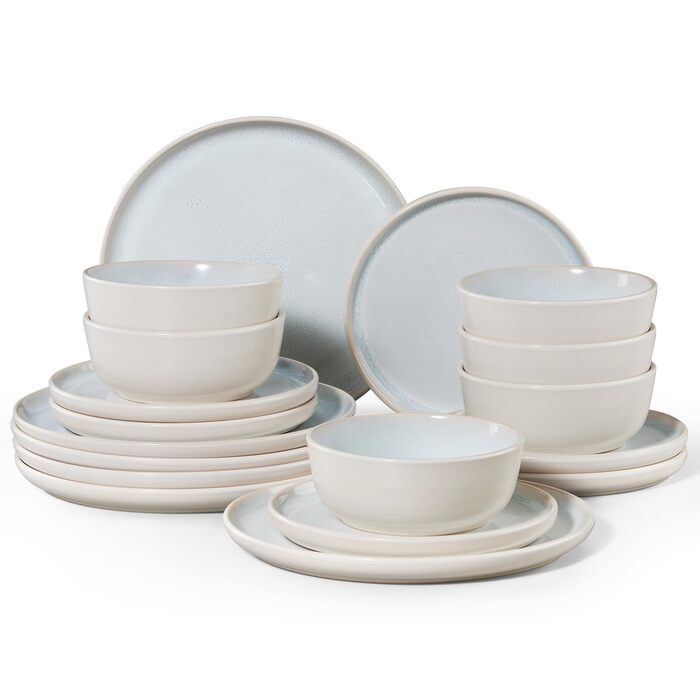 Набір посуду HaWare на 6 осіб, 18 предметів: тарілки, десертні тарілки, миски, бежевий колір. Підходить для мікрохвильової печі та посудомийної машини.