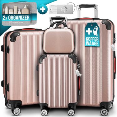 Набір валіз Monzana® 4 шт. з косметичкою, колір рожевий - M, L, XL - з замком, органайзером та вагами - з гелевими ручками, подвійними колесами, ніжками, телескопічною ручкою, дорожній набір валіз, валізи з жорстким корпусом
