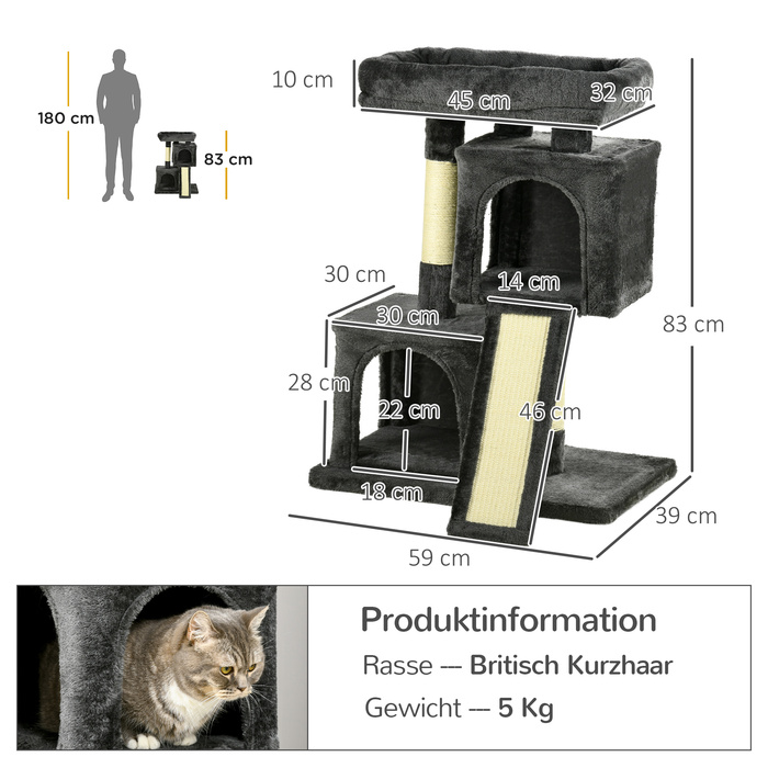 PawHut Sisal Kratzbaum до 30 кг котячий будиночок з сизалевою колоною, дряпальною дошкою, плюшем темно-сірого кольору для активних котів