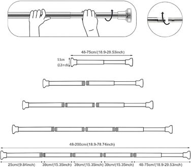 Телескопічна штанга для карнизів 60-130 см, висувна, з нержавіючої сталі, для штори, шафи, ванної кімнати, вікна або дверей (48-200 см, білий)