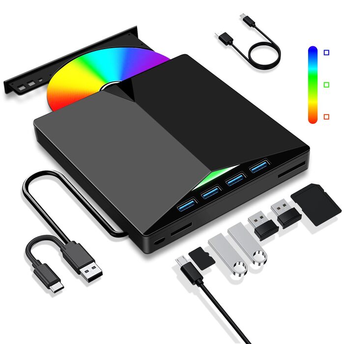 Зовнішній USB 3.0 CD/DVD привід-записувач з Type-C та багатофункціональним картрідером (USB, SD, TF) для ноутбука та ПК, Windows/Linux