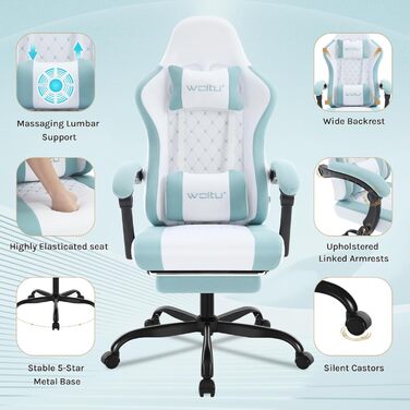 WOLTU Gaming Chair with Massage Function, Computer Chair with Pocket Spring Cushion, Ergonomic Gamer Recliner, Swivel Chair with Headrest, Lumbar Pillow, Footrest, Mesh Fabric, White+Blue, GS15bws White+blue Mesh Fabric