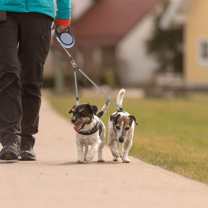 KOOLTAIL Подвійна висувна собача шлейка - міцна, двоколірна 5 м висувна шлейка для собак маленьких, середніх та великих порід, для прогулянок, 2 собаки до 50 кг, сіра