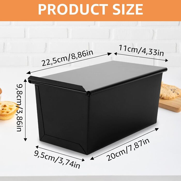 VIDETOL 2 Pack Loaf Pans with Lid, 450g Toast Bread Mold Non-Stick, Black Bread Box for Toast and Bread