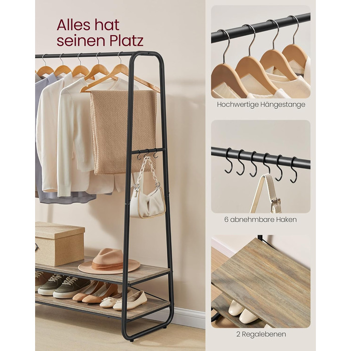 VASAGLE Clothes Rack, Coat Rack, Wardrobe, 2 Shelves, 6 S-Shaped Hooks, Steel Frame, for Bedroom, Hallway, Entrance Area, Cloud White-Matt White RGR112W02 (Turquoise Brown-Matt Black)