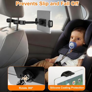 Тримач для планшета VINATO в авто, кріплення на підголівник, 360° обертання, для пристроїв 4-13 дюймів, чорний